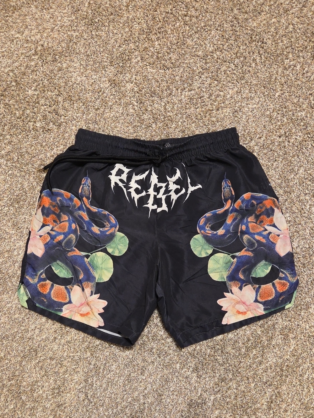 REBEL VENGENCE Black Floral Snake Print Men's Swim Shorts